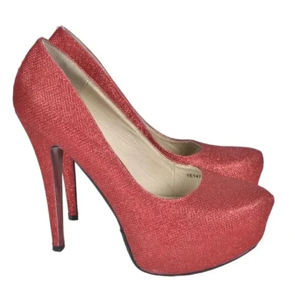 Brida Red Glitter Platform  Heels Stilettos Glitter Closed Toe Size 39 - Picture 1 of 12